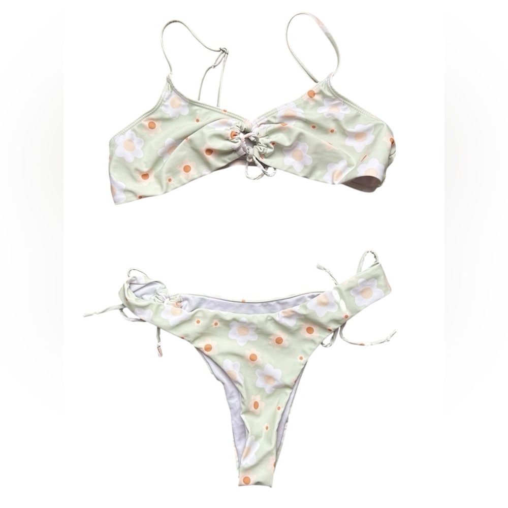 SHEIN Floral Bikini in Light Green and Orange Size Medium